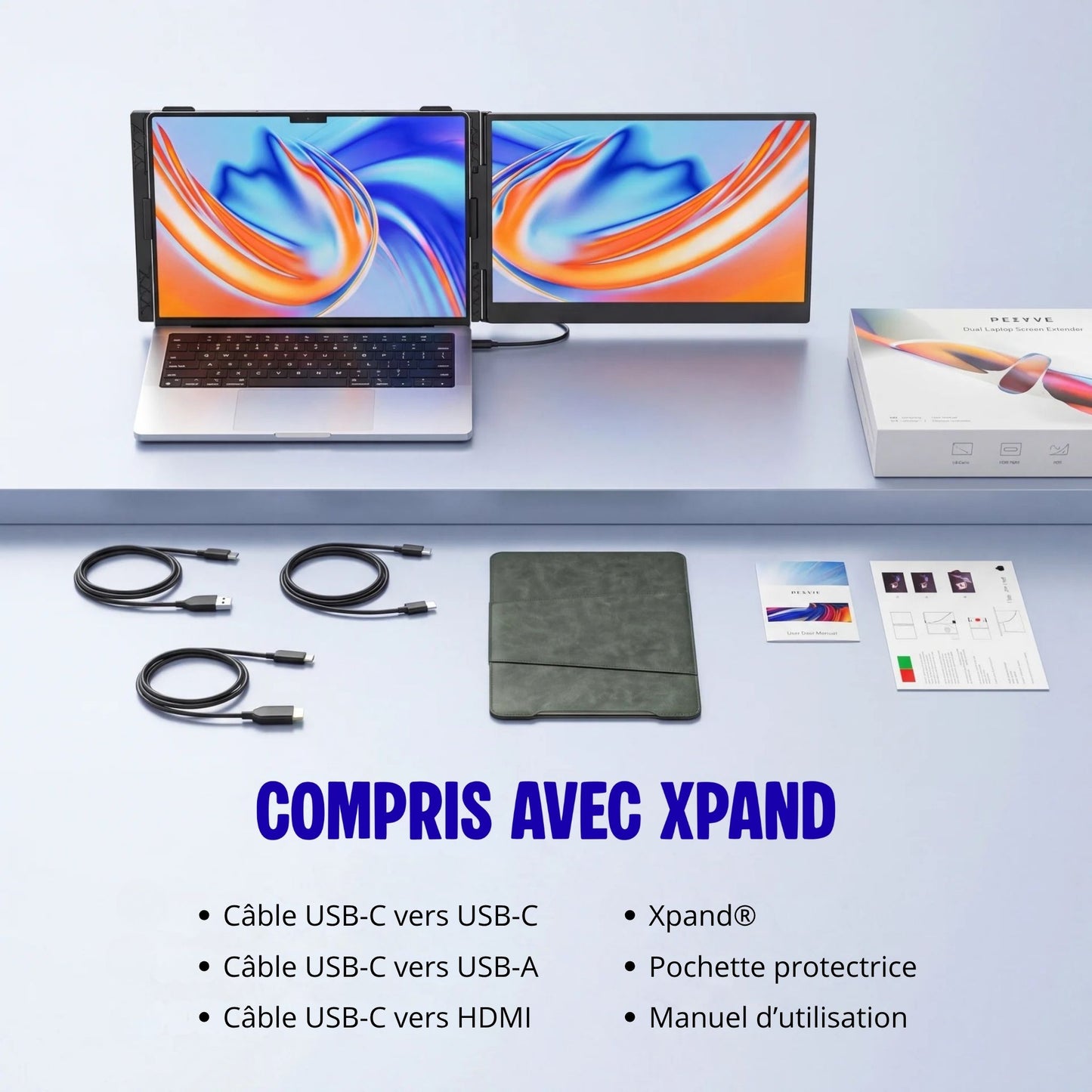 Contenu de la boîte Xpand : écran, câbles et pochette